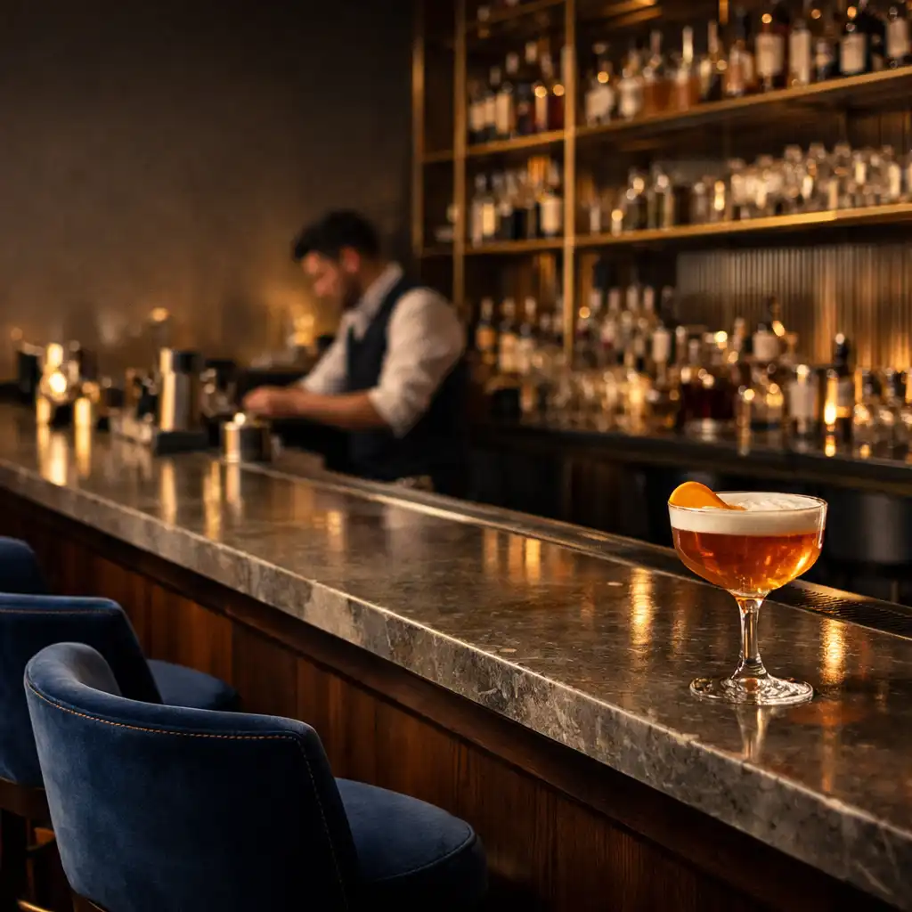 Cocktail bar TasteAndDish z dymionym szkłem, szafirowymi stołkami i koktajlem na kamiennym blacie