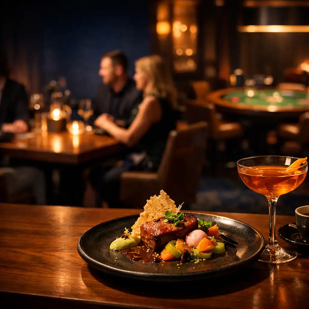 Autorskie danie i koktajl na stole w restauracji, z dyskretnym lounge’em w tle