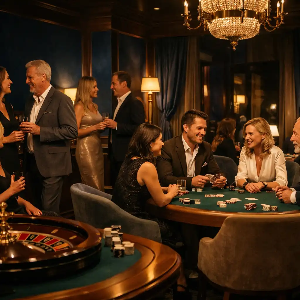Casino Lounge TasteAndDish z fizycznym stołem do pokera, ruletką i grupą rozmawiających gości