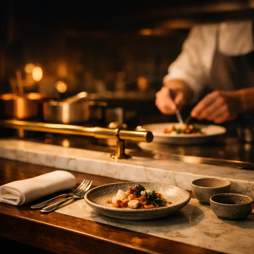 Chef’s table przy otwartej kuchni z marmurowym blatem i dłoniami kończącymi danie