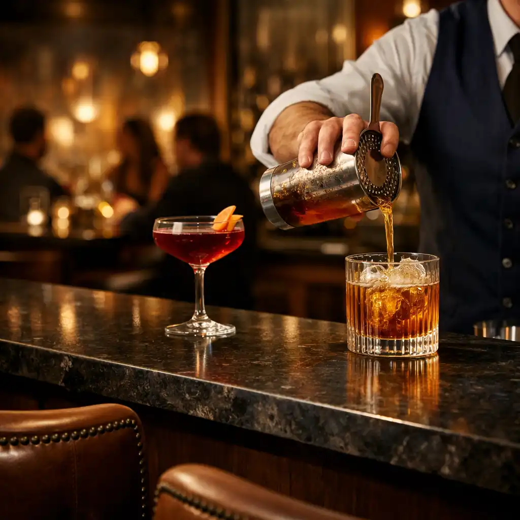 Barman nalewający koktajl do żłobionego szkła przy wieczornym barze