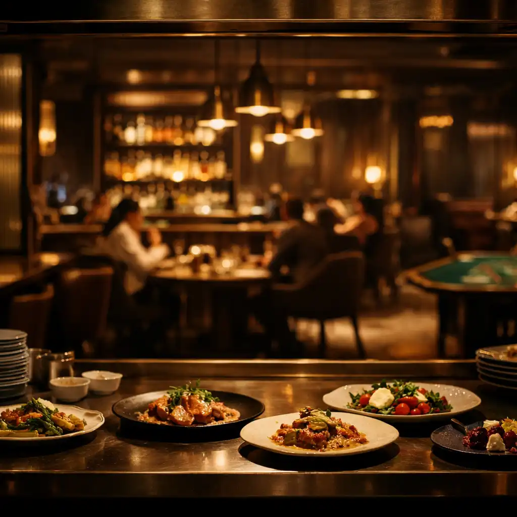 Wieczorny widok przez kuchenny pass na gotowe talerze, salę i bar restauracji