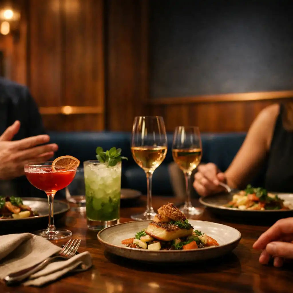 Otwarte okno kuchenne z gotowymi daniami, salą restauracyjną, barem koktajlowym i stołami Casino Lounge w tle